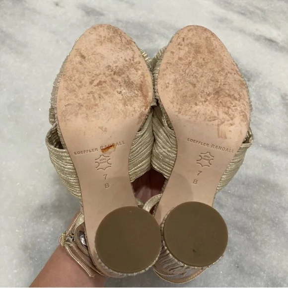 LOEFFLER RANDALL Camellia Platinum Gold Pleated Knot Bow Sandals - Picture 6 of 10